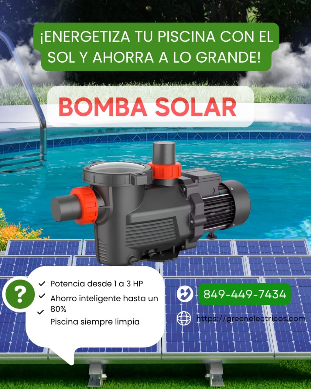 Bomba de Piscina Solar Híbrida Leon 900W - 1.2 HP - AC/DC (Funciona con Sol y Red Eléctrica)
